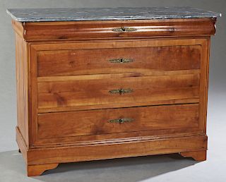 French Louis Philippe Style Carved Cherry Marble Top Commode, 19th c., the rounded corner reeded edge marble over a cavetto frieze drawer above three 