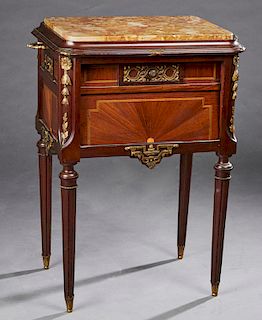 French Louis XVI Style Inlaid Ormolu Mounted Marble Top Mahogany Nightstand, early 20th c., the highly figured brown marble on a stepped top over a mi