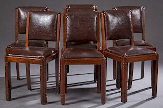 Set of Seven French Art Deco Carved Mahogany Dining Chairs, c. 1940, the leather upholstered slip seat chairs on incised rounded legs, H.- 33 1/2 in.,