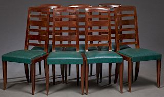 Set of Seven Art Deco Dining Chairs, c. 1930, the arched curved crest rails over five horizontal splats, on cushioned seats to rounded square cabriole