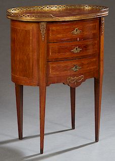 French Louis XVI Style Ormolu Mounted Marquetry Inlaid Kingwood Side Table, early 20th c., the 3/4 oval pierced brass gallery top over three bowfront 