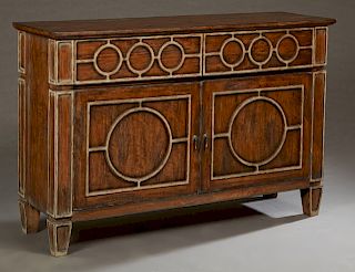 Louis XVI Style Carved Mahogany and Polychromed Sideboard, 20th c., the rectangular top over double frieze drawers with polychromed silver decoration,