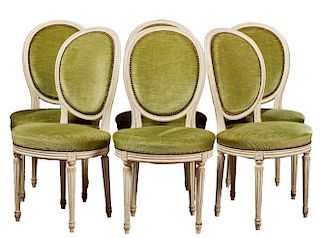 Set of Six Louis XVI Style Polychromed Beech Dining Chairs, 20th c., the medallion backs over circular seat on fluted tapered legs with toupie feet, i