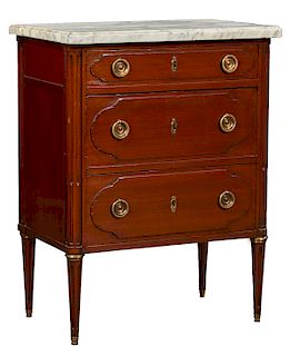 French Louis XVI Style Marble Top Mahogany Diminutive Commode, 19th c., the cookie corner stepped figured white marble over a fielded panel frieze dra