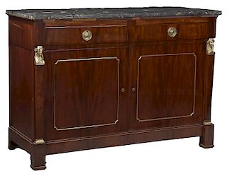 French Empire Style Ormolu Mounted Marble Top Mahogany Sideboard, 19th c., the highly figured grey marble over two frieze drawers and setback double c