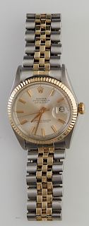 Man's Rolex Model 1601 Stainless Steel and 18K Yellow Gold Oyster Perpetual Datejust Wristwatch, with a gold bezel, winding stem and stainless and gol