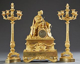 Exceptional Louis XV Style Gilt Bronze Three Piece Clock Set, early 19th c., the figural clock with an artist at work, atop a steel face drum clock, t