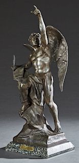 After Emile Louis Picault (1833-1915), "Le Gí©nie Humain, " 19th c., bronze patinated spelter, titled in relief front center base, signed proper left 