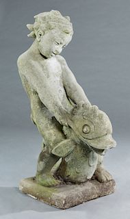 Cast Stone Garden Figure, 20th c., of a putti riding a fish, on an integral plinth base, H.- 37 1/2 in., W.- 14 1/2 in., D.- 21 in.