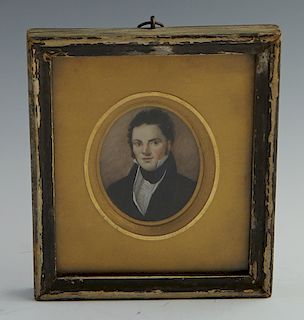 Two Portrait Miniatures, early 19th c., on bone, one French in a relief brass frame; one American in a square wood frame, Wood- H.- 4 3/4 in., W.- 4 1