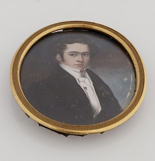 Two American Portrait Miniatures, early 19th c., of gentlemen, one in a rolled gold brooch with a pierced twisted border; the second in a relief brass