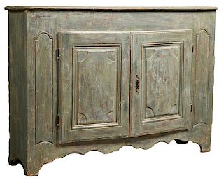 French Provincial Polychromed Beech Sideboard, 19th c., the stepped canted corner top over double fielded panel cupboard doors, flanked by fielded pan