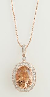 14K Rose Gold Pendant, with an 11.76 ct. oval morganite within a border of round diamonds, with a rose gold diamond mounted bail, on a twisted link 14