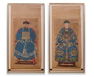 Chinese School: Pair of Chinese Ancestor Portraits 