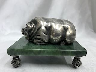 Russian Silver Pig on Nephrite Base