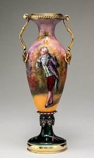 Russian Silver, Hand Painted Enamel and Diamonds Urn