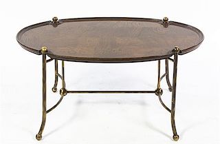 A Regency Style Brass and Burlwood Low Table, Height 16 1/2 x width 38 1/4 x depth 23 3/4 inches.