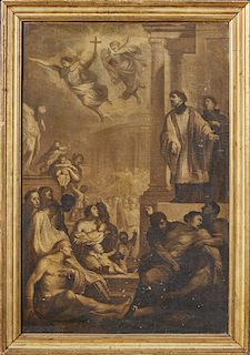Continental School, "The Ascension of Jesus," early 19th c., grisaille oil on canvas, presented in a gilt frame, H.- 29 1/8 in., W.- 19 1/4 in.