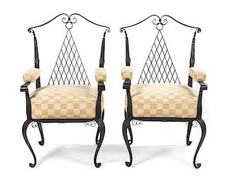 A Pair of French Iron Strapwork Open Armchairs, Height 41 3/4 inches.