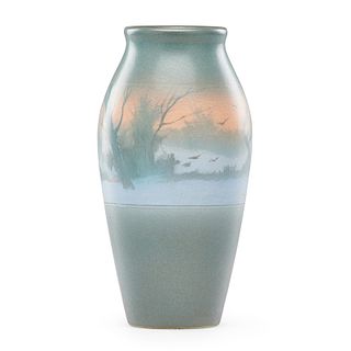 F. ROTHENBUSCH; ROOKWOOD Banded Scenic Vellum vase