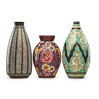CHARLES CATTEAU; BOCH FRERES Three Art Deco vases
