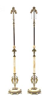 A Pair of Art Deco Onyx and Brass Floor Lamps, Height overall 60 1/4 inches.