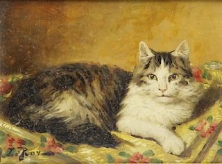 LEROY, Jules. Oil on Wood Panel Portrait of a Cat.