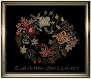 Signed Floral Wreath Embroidery