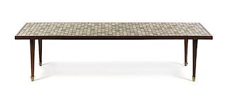 A Tile-Inset Low Table, Height 16 x width 65 x depth 20 inches.