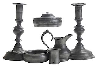 Six Early Pewter Vessels with Four