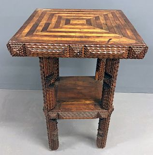 Tramp Art Carved End Table