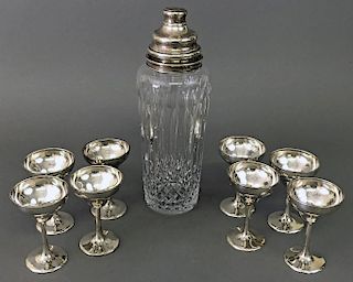 Hawkes Crystal Martini Shaker and Silver Glasses