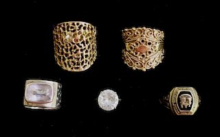 Grouping of 14 Karat Gold Silver & Diamond Rings