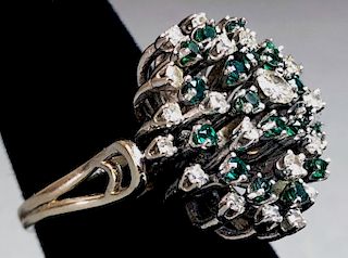 10K White Gold, Diamond, Emerald Cluster Ring