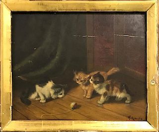 Oil on Panel of Kittens by F. Krantz