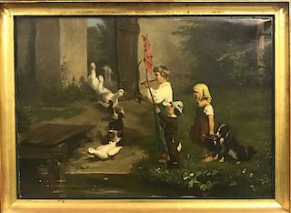 Signed Oil on Canvas of Children & Ducks
