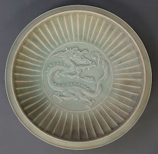 Asian Green Celadon Plate with Dragon Motif