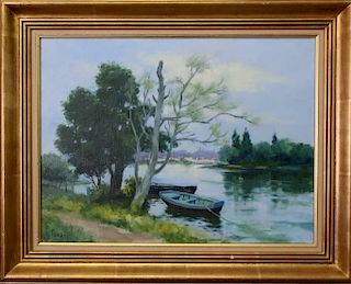 Louis Parrens Oil on Canvas of Rowboats on Water
