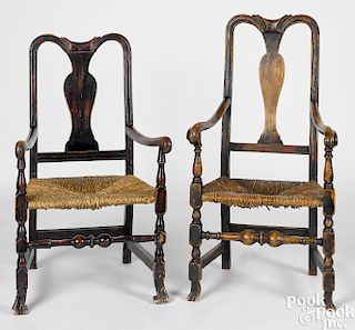 Two similar New England Queen Anne armchairs