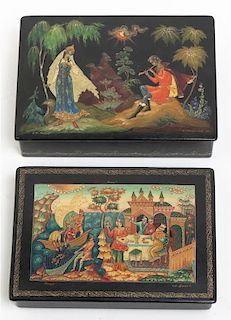 Two Russian Lacquered Boxes, Width of wider 7 1/8 inches.