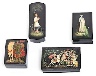 Four Russian Lacquered Boxes, Width of widest 4 1/2 inches.
