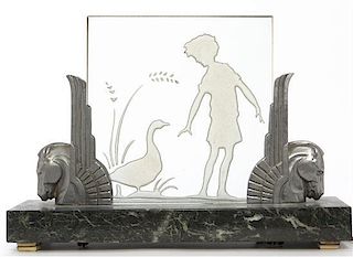 An Art Deco Etched Glass, Silvered Bronze and Marble Lumiere, Width overall 13 3/4 inches.