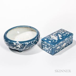 Two White Slip-decorated Blue-ground Items