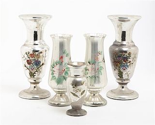 A Collection of Five Mercury Glass Vases, Height of tallest 11 1/2 inches.