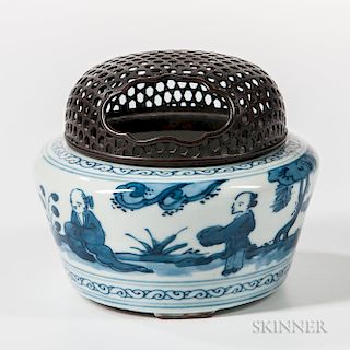 Blue and White Incense Burner and Bronze Cover