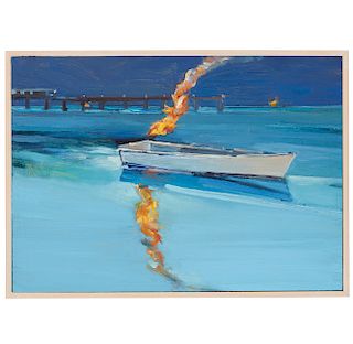 Kim Frohsin (b. 1961) Painting, "Burning Boat"