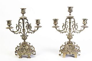 A Pair of Victorian Brass Three-Light Candelabra, Height 13 1/2 inches.