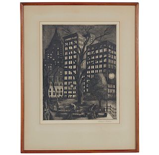 Ernest Fiene (1894-1965) Etching, "City Lights"