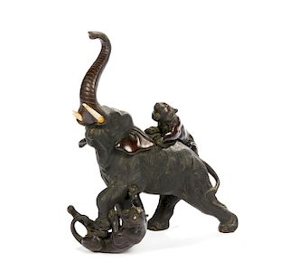Japanese Bronze Elephant and Tiger Group