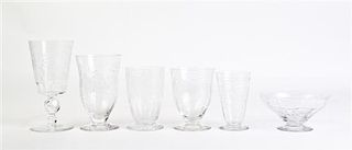 A Set of Etched Glass Tableware for Fourteen, Height of first 6 1/4 inches.